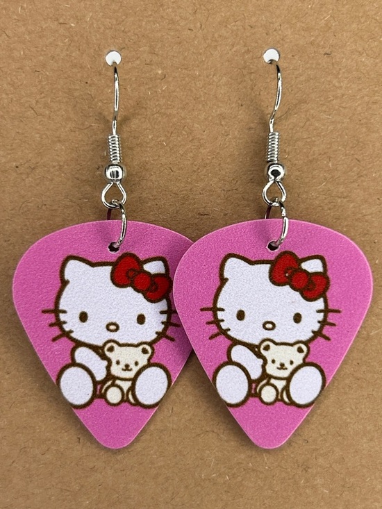 Hello Kitty Jewelry - Hello Kitty Pink Guitar Pick Earrings with Red Bow Fashion Jewelry